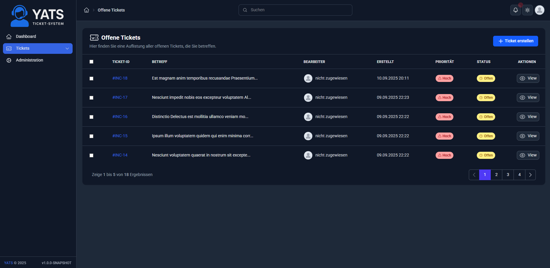 YATS Dashboard – Desktop (dunkel)