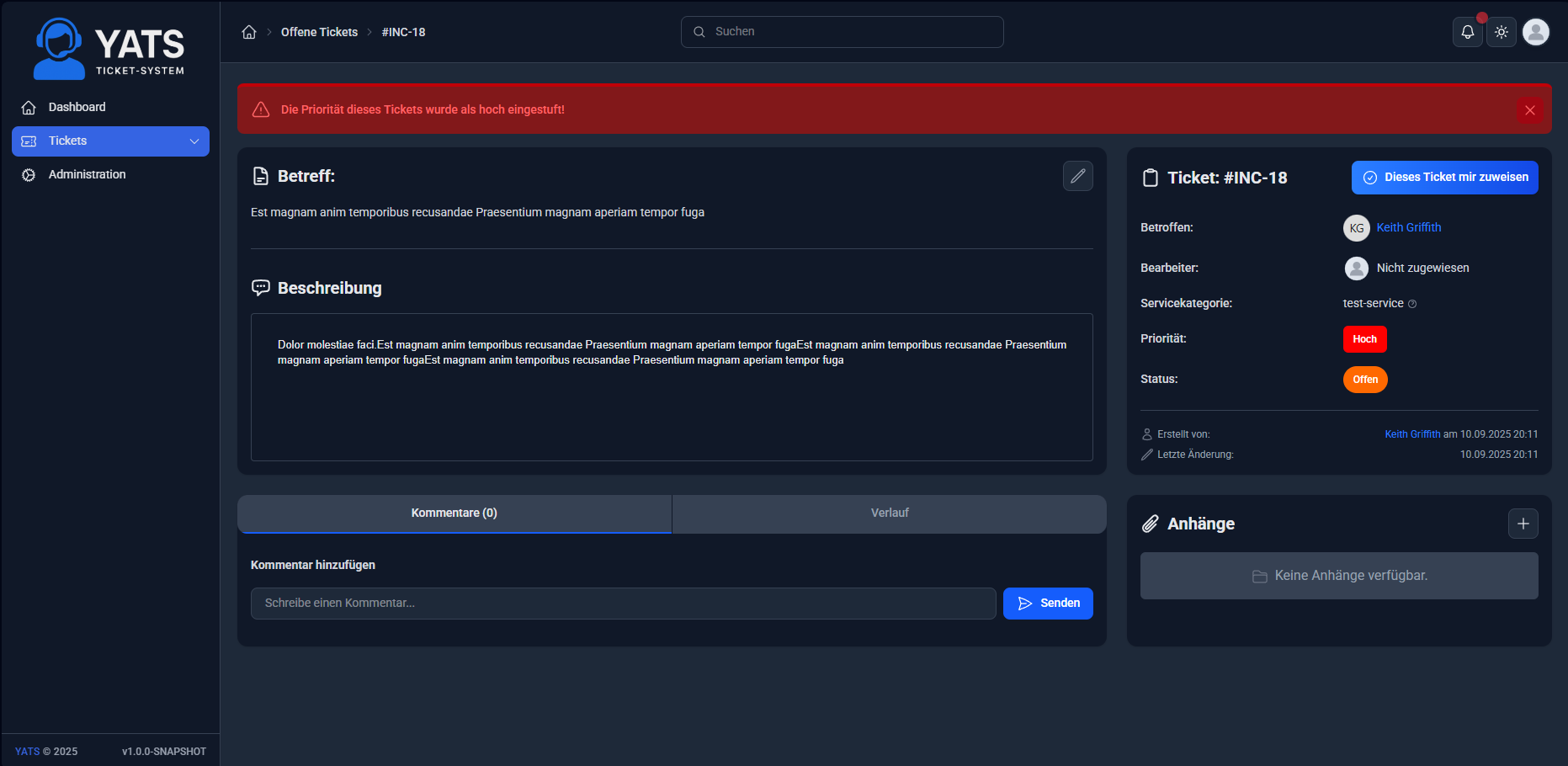 YATS Mobile – Ticketübersicht (dunkel)