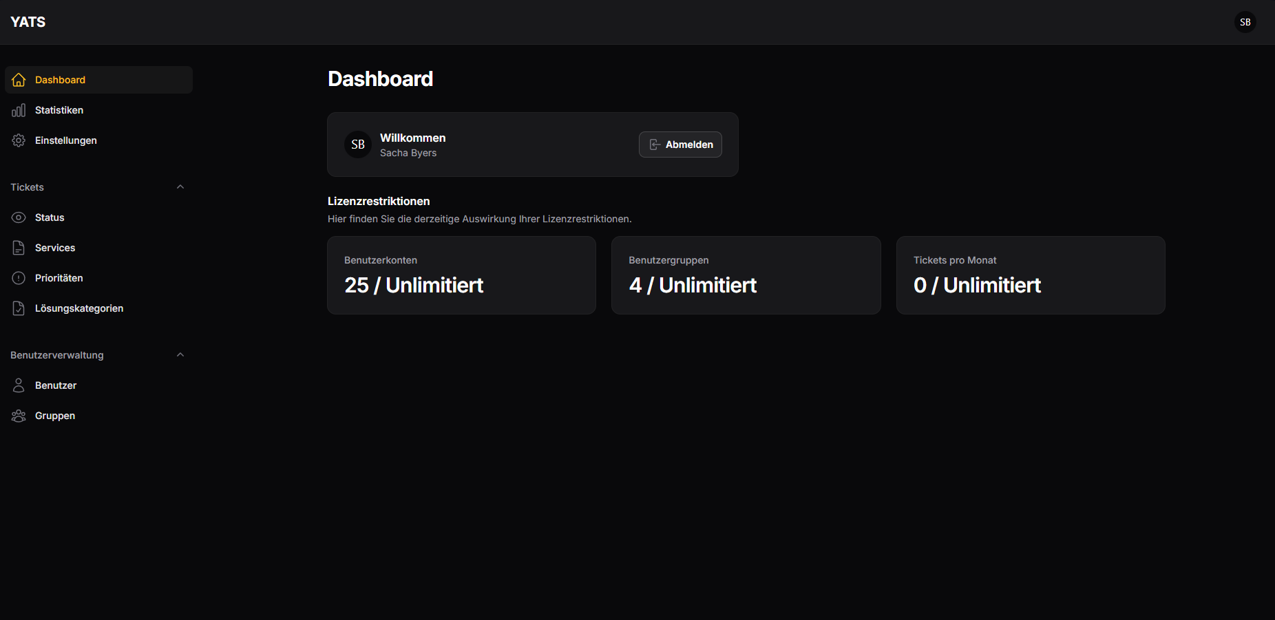 YATS Desktop – Ticketübersicht (Dark)